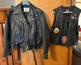 Several leather coats, vests, chaps - some Harley Davidson!  Sizes range from Large to XL - men's and women's