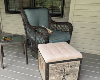 Outdoor swivel rocker chairs (2); storage cube (2)