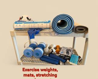 Exercise weights, mats, stretching exercise poster, sauna suit