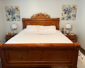 King size bed, set of end tables, dresser with mirror, wardrobe, lingerie chest - all matching but sold separately. 