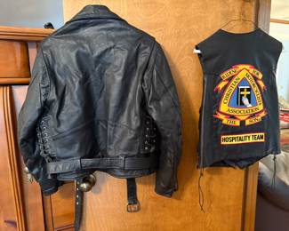 Several leather coats, vests, chaps - some Harley Davidson!  Sizes range from Large to XL - men's and women's