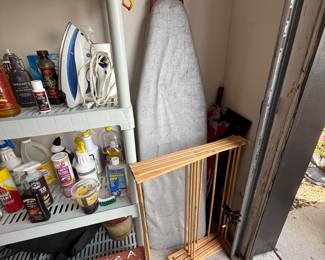 Vintage ironing board, drying rack, iron
