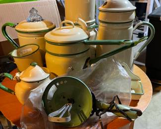C. 1940 enamel pots/coffee pots, electric mixer