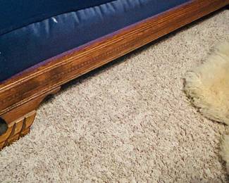 Beautiful blue velvet Eastlake settee this does have some damage on the fabric lower corner. Overall in great condition