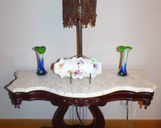 Marble top harp center table, lamp with beaded shade, Victorian bowl, 2 Jack in the Pulpit vases