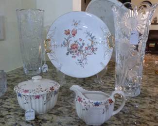 Spode Creamer & Sugar, Lenox Crystal Vases