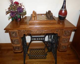 Antique Oak Treadle Sewing Machine Cabinet (No sewing machine), Chess Set