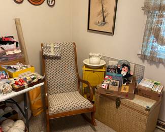 Rocking chair, chest, yellow side table