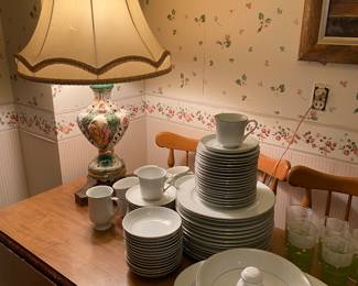 Love Lace china, table and 4 chairs, lamp