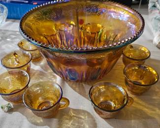 AMBER PUNCH BOWL AND CUPS