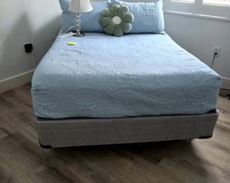 Full bed mattress, box spring, frame with wheels (incl sheets and spread and shams) = $200. Small lamp = $5.
