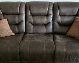 Brown Auto Reclining Sofa = $800 (Each end reclines and the back tilts forward, has 1 touch close button along with USB port for charging the phone and slide out cup holders in the arms).