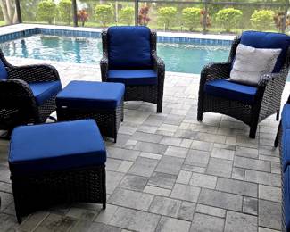 Full Patio Set = $900 (2 swivel rockers w/ottomans, 2 regular chairs, 3 person couch, separate lounger and includes throw pillows) - (each item may be sold separately)