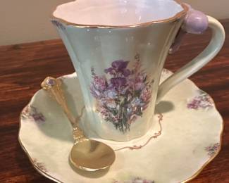 Bradford Editions "Iris Medley" teacup, saucer and gold spoon.