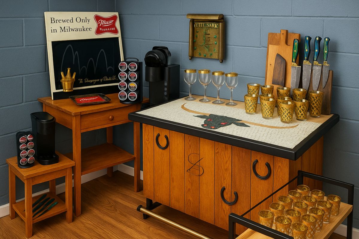 Raise a glass, because this collection is the toast of any home bar! Weâve got vintage Miller High Life signage declaring âThe Champagne of Bottle Beerâ (because Milwaukee said so), a Cutty Sark clock that makes happy hour punctual, and glassware so gold-trimmed it practically demands a tuxedo. Add in bar carts both modern and retroâready to roll with your finest spiritsâand a mosaic bull bar that stares down weak cocktails with glowing red eyes. Need tools of the trade? A sharp set of chefâs knives is standing by to slice citrus or intimidate your in-laws. Whether youâre a whiskey neat purist, a cocktail shaker enthusiast, or just here for the ice bucket challenge, this bar setup has everything you need to turn âlast callâ into âcall again tomorrow.â