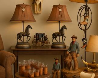 Saddle up, partnerâthis is one roundup you wonât want to miss! From horse-lamp duos that gallop with style to barrel stools that practically neigh for attention, this collection brings rodeo flair right into the living room. Weâve got cowboy statues that look ready to break into a Clint Eastwood monologue, steer horn lamps that light up the prairie, and even stagecoach models for when you want to travel west without leaving your sofa. Add in leather-wrapped glasses that practically holler âwhiskey, neatâ and a buffalo skull wall mount that makes a bold statementâthis is the ultimate corral of rustic charm, western grit, and cowboy cool.