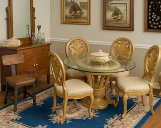 Step right into a dinner party that time forgotâwhere the chairs sit tall, the rug ties the room together, and the glassware sparkles like it just RSVPâd. The round glass-top dining set brings elegance (and a touch of drama for when someone forgets to use a coaster). A rustic side chair waits patiently for its moment at the grown-up table, while the bookcase and sideboard stand by like polished butlers. Add in vintage decanters for a splash of charm, a mushroom-topped casserole that looks straight out of a 1970s kitchen sitcom, and jewelry so ornate it could double as table dĂŠcor. Whether youâre hosting high tea, Sunday supper, or just want a room that whispers âclassâ with a wink, this collection has you coveredâno reservation required.