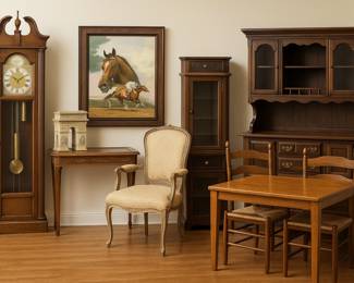 Timeless charm is always in style, and this room proves it. From the stately grandfather clock that politely reminds you youâre late, to the carved glass-top table that begs to display more than just coasters, every piece carries its own story. A proud hutch and a bookcase or two are standing by to guard your treasures (or at least your knick-knacks). A regal upholstered chair adds a throne-like perch, while a horse racing painting gives the walls a bit of spirited competition. And if Paris is always a good idea, this Arc de Triomphe replica makes sure you can say âbonjourâ without leaving the living room. Altogether, itâs a collection that whispers sophistication⌠with just enough volume to be heard across the auction floor.