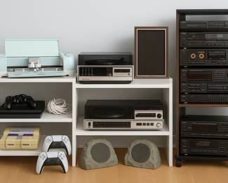 From retro to modern, this lot has all the buttons, knobs, and controllers you never knew you needed! Weâve got a Cricut machine ready to craft your Pinterest dreams, a PS4 that dares you to beat your high score, and a pair of PS5 controllers that will probably outlast your thumbs. For the vintage enthusiasts, feast your eyes on stereo stacks taller than your cousin at Thanksgiving, Technics tape decks that still rewind faster than your regrets, and even a Super Nintendo that screams âjust one more round of Mario!â Toss in some rock-shaped outdoor speakersâbecause nothing says subtle like blasting 80s hair metal from a fake boulderâand youâve got the ultimate mashup of analog charm and digital delight.