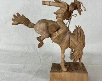 Bucking Bronco and Cowboy Wood Sculpture