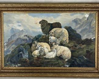 Ram and Ewe Landscape Oil Painting Attributed to Lydia Pratt Armstrong