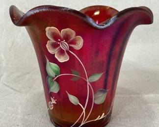 Hand-Painted Fenton Cranberry Iridescent Glass Vase