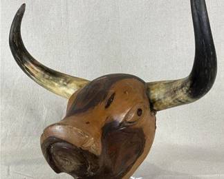 Folk Art Bull Head Carving with Horns