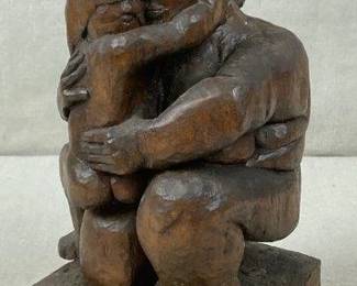 Brutalist Mother and Child Carved Wood Sculpture