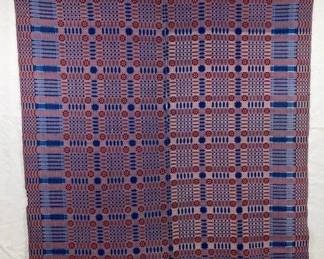 Reversible Red and Blue Woven Coverlet