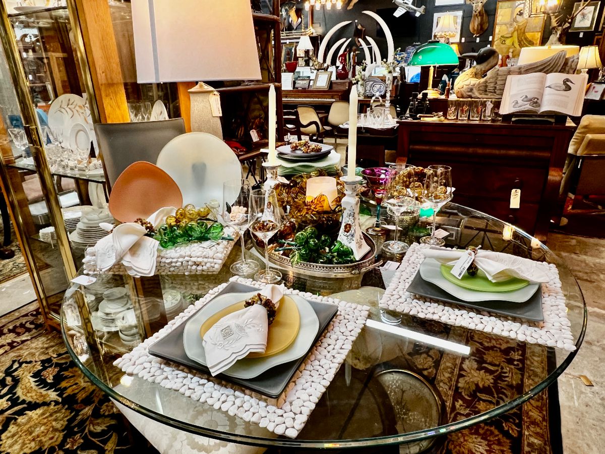 Cast Stone pedestal & glass top dining table, recycled sea glass dinnerware by Viva Terra (8) 4pc piece place settings, Schott Wiesel Glass Stemware, MCM glass grape clusters in amber, green, and amethyst colors, crackle glass lamp 