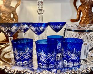 Set of 4 Bohemian sapphire Crystal cut to clear martini glasses, set of 4  cut to clear cobalt double old-fashioned glasses, Waterford cut crystal ice bucket, large footed silver plate tray with handles