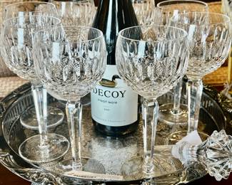 Set of 8 Waterford “Colleen” Crystal wine glasses, Waterford Marquis decanter/bottle stopper,  footed silver plate tray