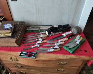 Dexter Russell clever, Dexter knives, Case knives, Indian axe head, large bible, antique dresser
