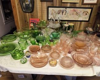 Uranium glass and pink depression dishes.