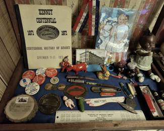 Kenney centennial items, advertising items, salt and pepper shakers, baby doll