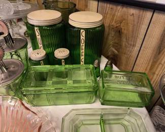 Owens Illinois canisters and salt and pepper shakers, uranium refrigerator dish, butter saver and divided dish
