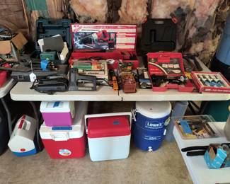 Milwaukee sawzall, drill dr. drill bit sharpener, misc tools and coolers