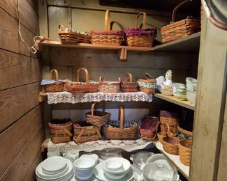 Longaberger baskets, white Corning plates, bowls, cups, serving bowls and platter. Corning cookware.