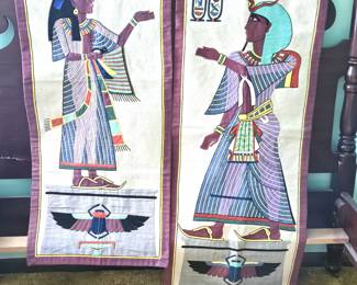 Pair of Vintage Egyptian Wall Tapestries Linen Applique Embroidery 21x55 Pharaoh & Scarab