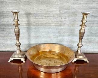 Antique Brass Lot – Pair 16.5" Candlesticks & 16" x 4" Bowl – Vintage Decor