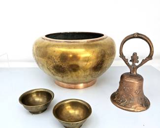 Antique Brass & Copper Planter with Engraved Floral Design, Heavy Copper Bell, 2 Small Brass Bowls