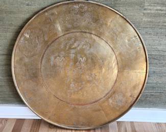 - Large 32" Antique Chinese Brass Gong w/ Intricate Etched Dragon & Figural Designs with Handle