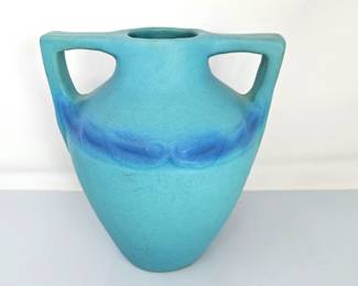 Van Briggle Pottery Turquoise Double Handle Vase – 8" Colorado Springs Signed