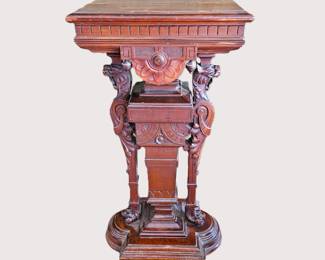 Lot #5 - Antique 1800s Victorian Carved Mahogany Display Pedestal Stand w/ Lion Heads 39” Tall