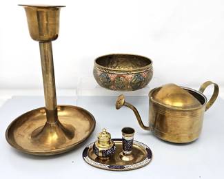 Vintage Brass Lot – Candlestick, Enamel Bowl, Watering Can & Miniature Tray Set