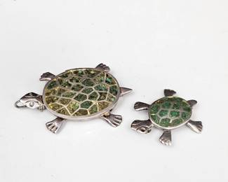 Vintage Mexican Sterling Silver Turtle Brooch & Locket Pendant/ Brooch w/ Green Stone Inlay