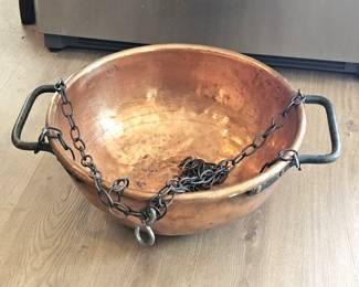 Antique Large Copper Cauldron Pot 19” Hammered w/ Iron Handles & Chain for Cooking over Fire