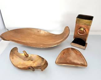 Vintage Solid Copper Decorative Set of 4 w/ Footed Bowls, Ashtrays & Copper/Brass Match Caddy Mid Century