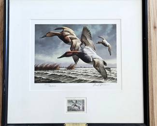 1982 David A. Maass Signed Federal Duck Stamp Print “Canvasbacks” LE w/ $7.50 Stamp Framed