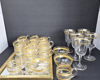 Vintage Etched Glass Punch Cups, Wine Glasses & Bowls with 24K Gold Rim – 32 Pc Set